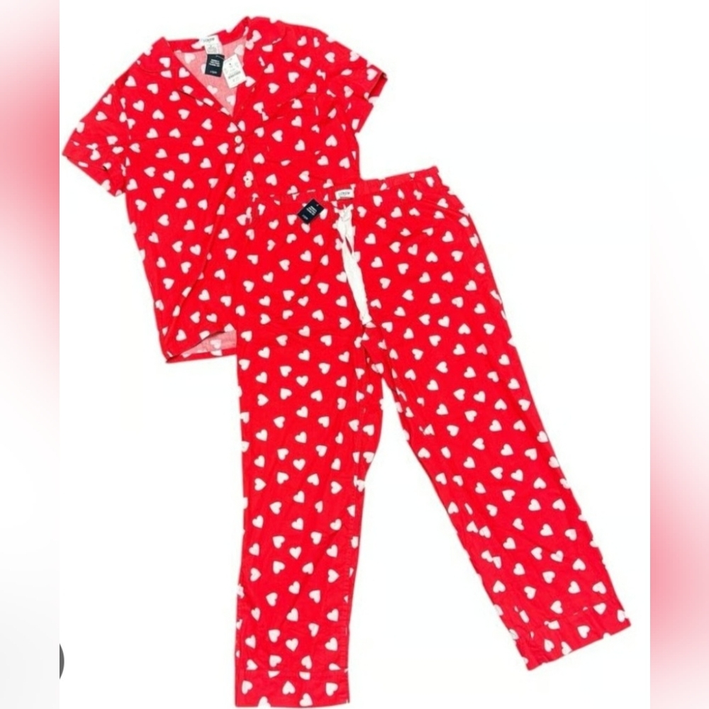 NWT J. Crew Red White Heart Print Short Sleeve Pajama Set Size Large Loungewear